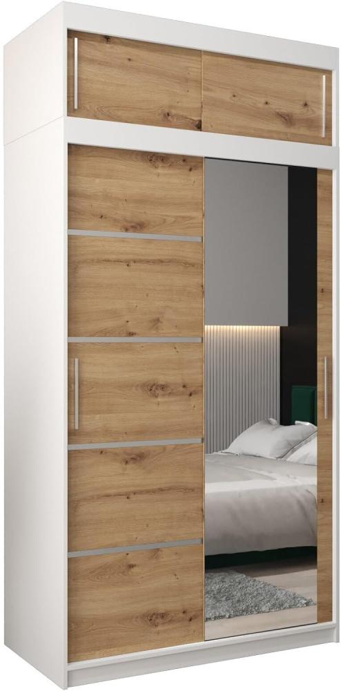 KRYSPOL Schwebetürenschrank Verona 2-120 cm mit Spiegel Kleiderschrank mit Kleiderstange & Einlegeboden Schlafzimmer-Wohnzimmerschrank Schiebetüren Modern Design (Weiß + Artisan Eiche mit Erweiterung) Bild 1