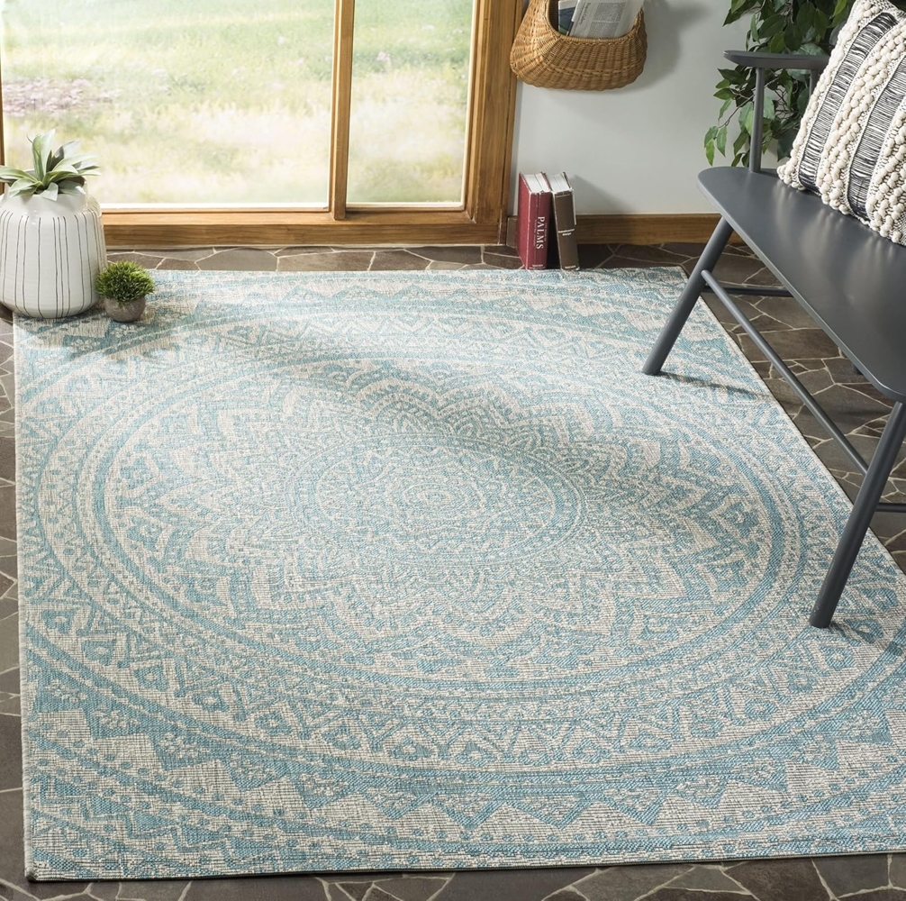 SAFAVIEH Zeitgenössische Teppich für Wohnzimmer, Esszimmer, Schlafzimmer - Courtyard Collection, Kurzer Flor, Hellgrau und Aqua, 122 X 170 cm Bild 1