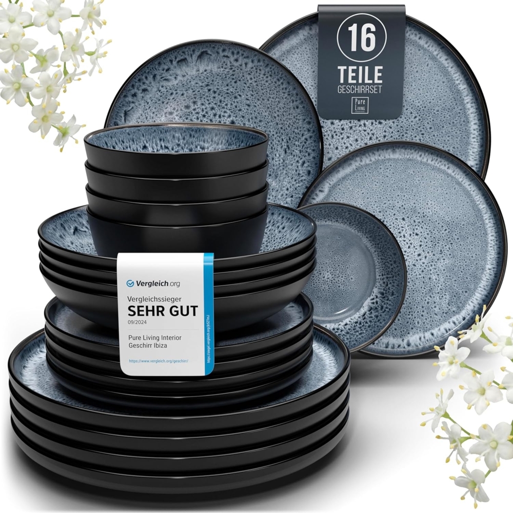 Steingut Geschirrset 4 Personen Ibiza 16-tlg - Hochwertiges Mediterranes Steingut Geschirr Set - Schüssel- und Teller Set - Tafelservice 4 Personen - Geschirrsets Pure Living Schwarz Rauchblau Bild 1