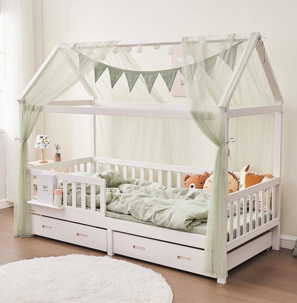 Alavya Home® Hausbett BUCHE CLOUD I KOMPLETT SET mit 2 Schubkästen (Kinderbett 90x200 cm mit Schublade inkl. Deko Khaki und Matratze I Hausbett 90x200), Aus massivem Buchenholz Bild 1