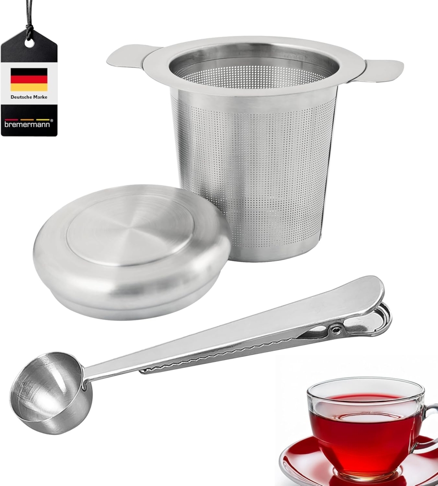 bremermann Verschlussklammer Teesieb-Set mit Sieb und Teelöffel mit Klammer, aus Edelstahl Bild 1