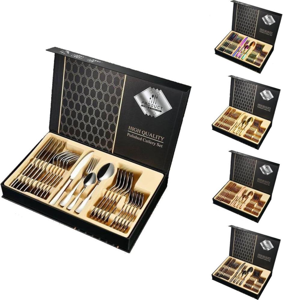 [Besteckset 24 tlg. [Gift Box] in verschiedenen Farben] glänzendes Edelstahlbesteck für. 6 Personen Messer, Gabel, Löffel Cutlery Set mit Geschenkbox Silber Bild 1