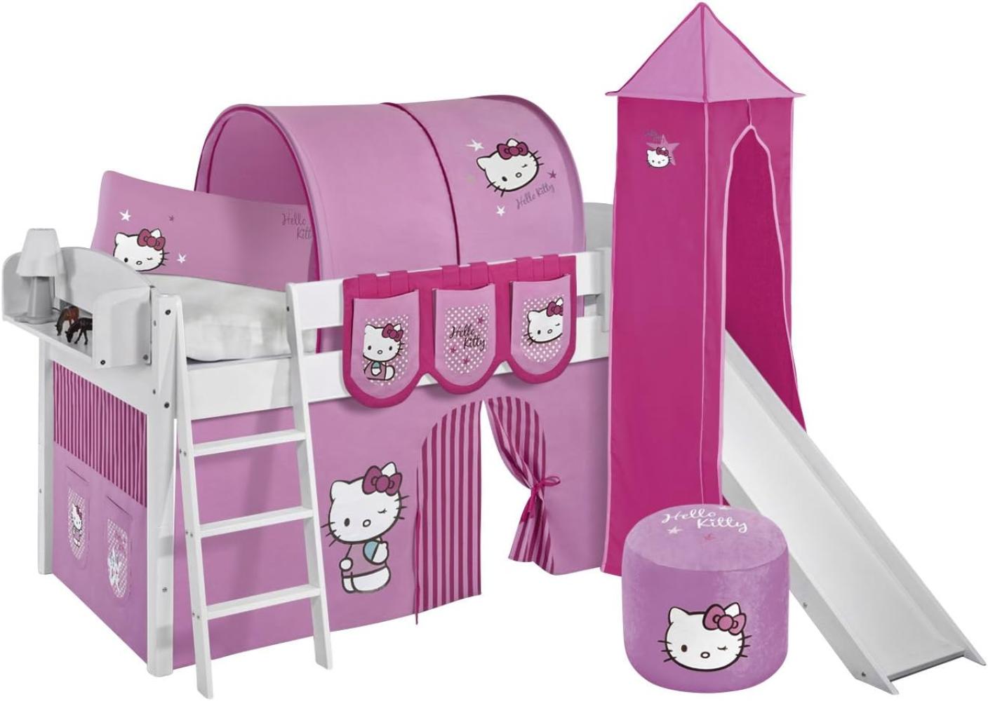 Lilokids 'Ida 4105' Spielbett 90 x 200 cm, Hello Kitty Rosa, Kiefer massiv, mit Turm, Rutsche und Vorhang Bild 1