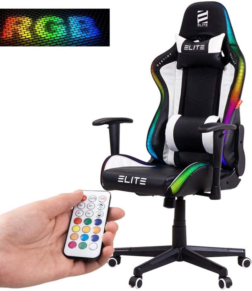 ELITE LED Gaming Stuhl MG200 Destiny - Ergonomischer Bürostuhl - Schreibtischstuhl - Chefsessel - Sessel - Racing Gaming-Stuhl - Gamingstuhl - Drehstuhl - Chair - Kunstleder (RGB Schwarz/Weiß) Bild 1