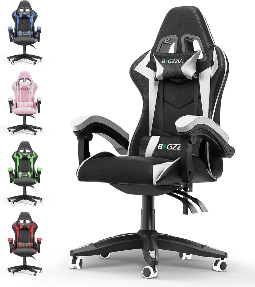 bigzzia Gaming Stuhl Ergonomisch - Gamer Stühle mit Lendenkissen + Kopfstütze Gaming Chair Höhenverstellbar Bürostuhl Computerstuhl für Erwachsene Mädchen Junge, Schwarz-Weiß Bild 1