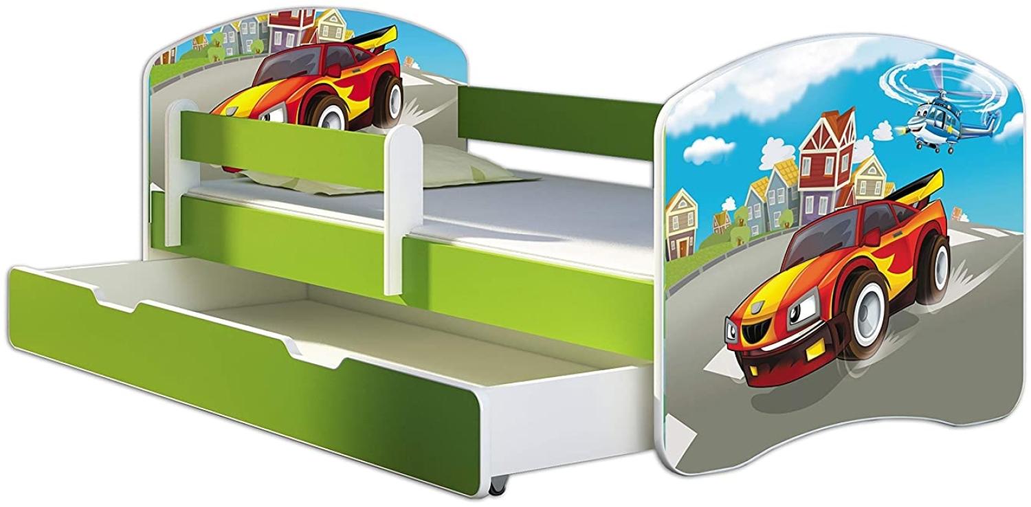 ACMA Kinderbett Jugendbett mit Einer Schublade und Matratze Grün mit Rausfallschutz Lattenrost II 140x70 160x80 180x80 (03 Racing Car, 180x80 + Bettkasten) Bild 1