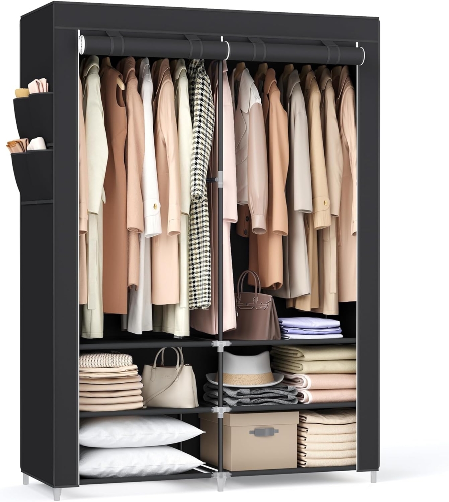 Songmics Kleiderschrank, 2 Hängefächer, mit Ablagen, 4 Seitentaschen, Stoff schwarz, 45 x 127 x 176 cm Bild 1