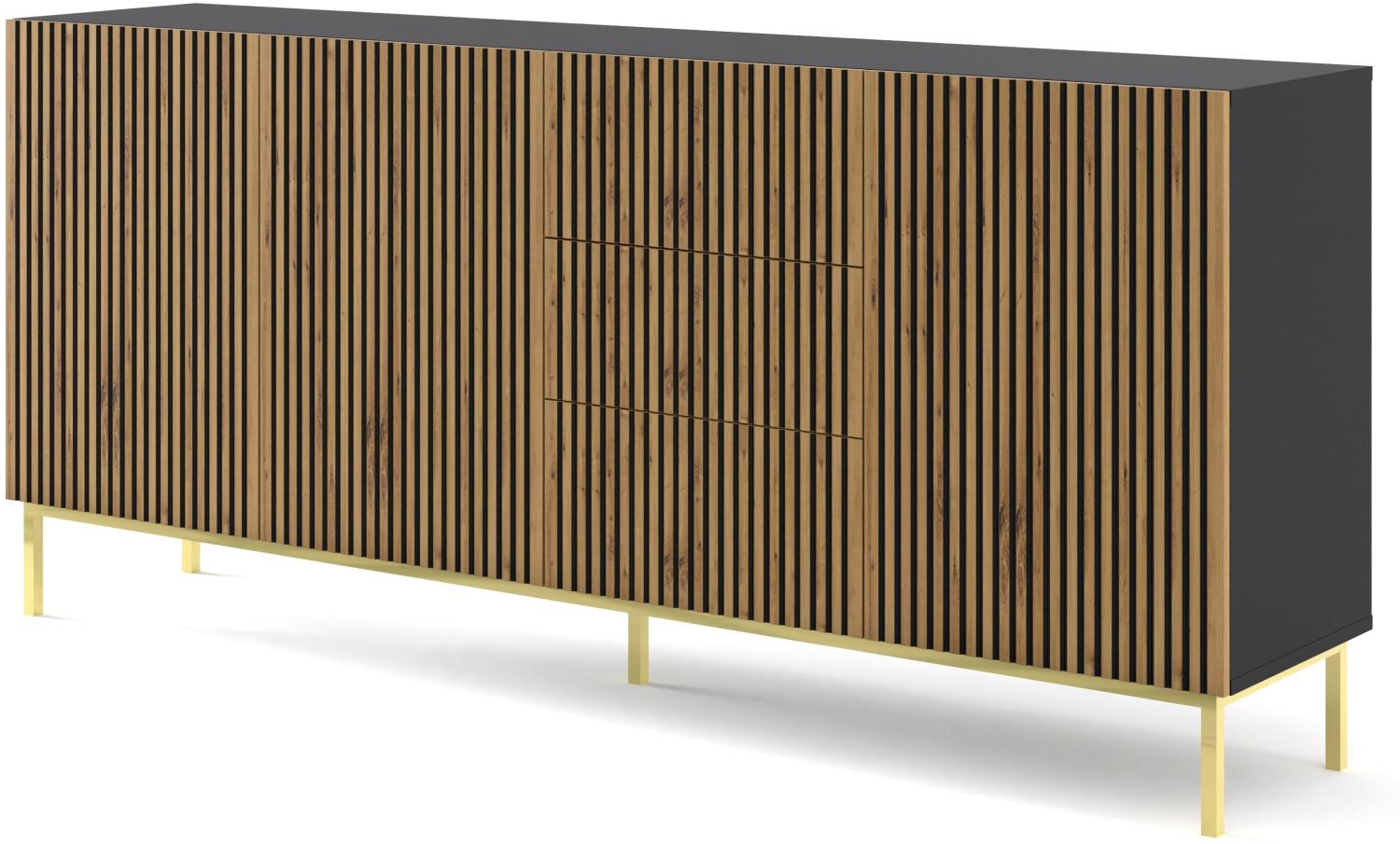 Domando Sideboard Montegrotto Modern Breite 200cm, Push-to-open-Funktion, besondere Fräsoptik, goldenes Gestell in Schwarz Matt Artisan Eiche und Goldgestell Bild 1