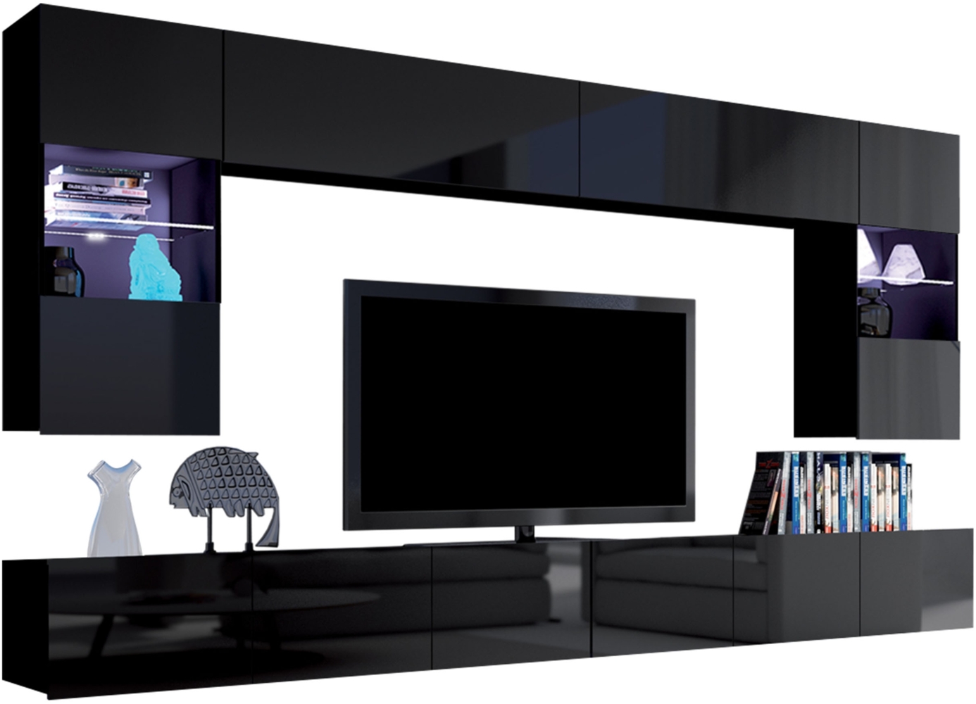 Wohnwand Calabrini I (Farbe: Schwarz / Schwarz Hochglanz, mit blauer LED Beleuchtung) Bild 1