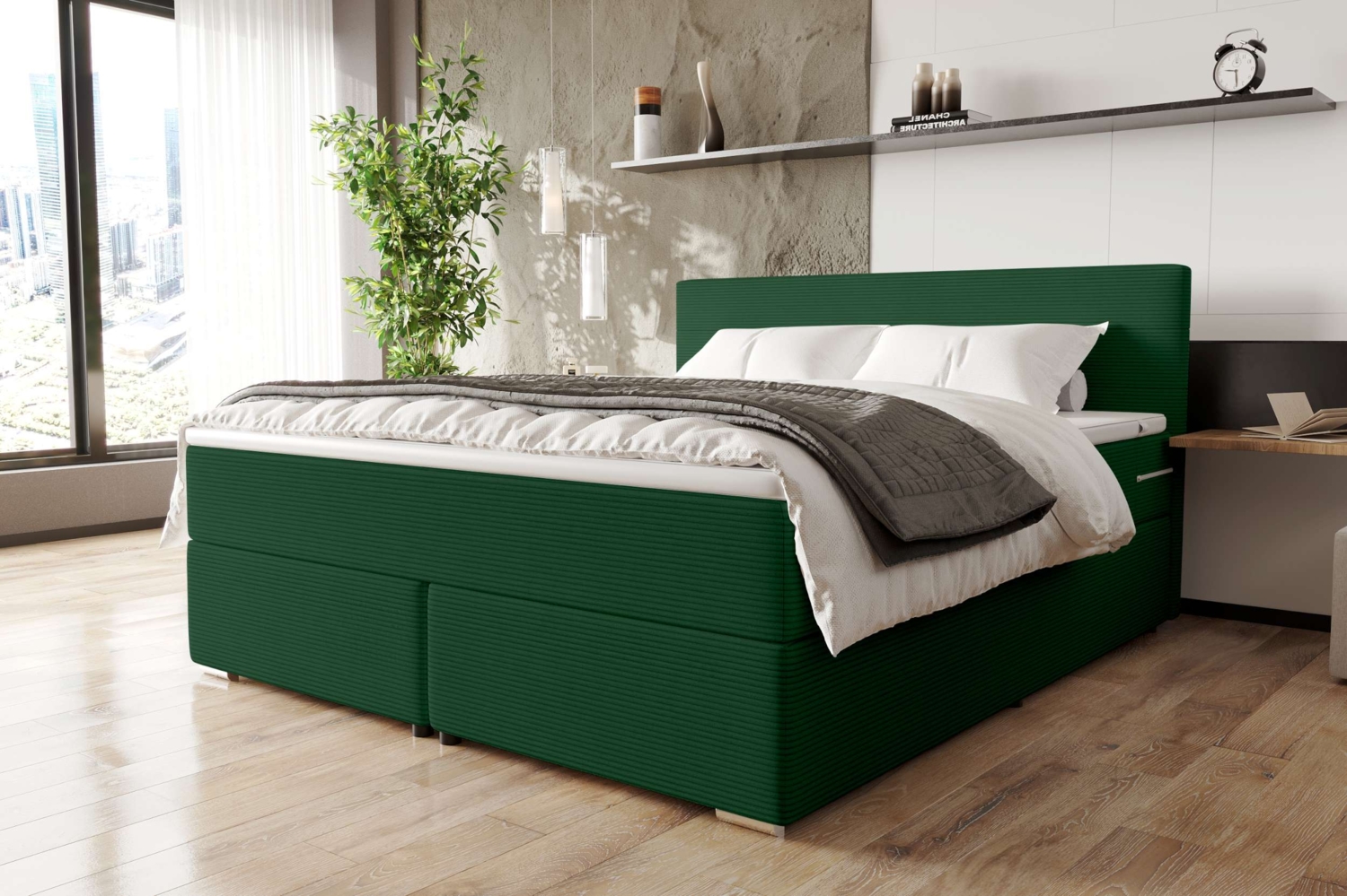99rooms 'Phönix' Boxspringbett, Dunkelgrün, 160x200 cm, Cordstoff POSO Bild 1