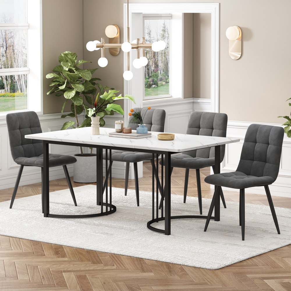 Merax Essgruppe (5-tlg),Esstisch mit 4 Stühlen Set, Moderner Küchentisch Set , 140×80cm Küchentisch mit Schwarz Metallbeinen, MDF Tischplatte in Weißer, Dunkelgrau Samt Esszimmerstühle Bild 1