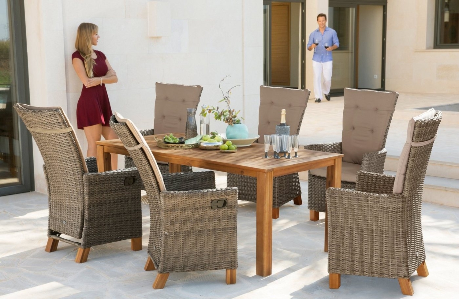 MERXX Garten-Essgruppe Toskana Deluxe, (13-tlg, 6 Hochlehner Sessel, 1 Tisch 185x90 cm, inkl. Auflagen), Aluminium, Polyrattan, Akazienholz FSC 100 %, geeignet für 6 Personen Bild 1