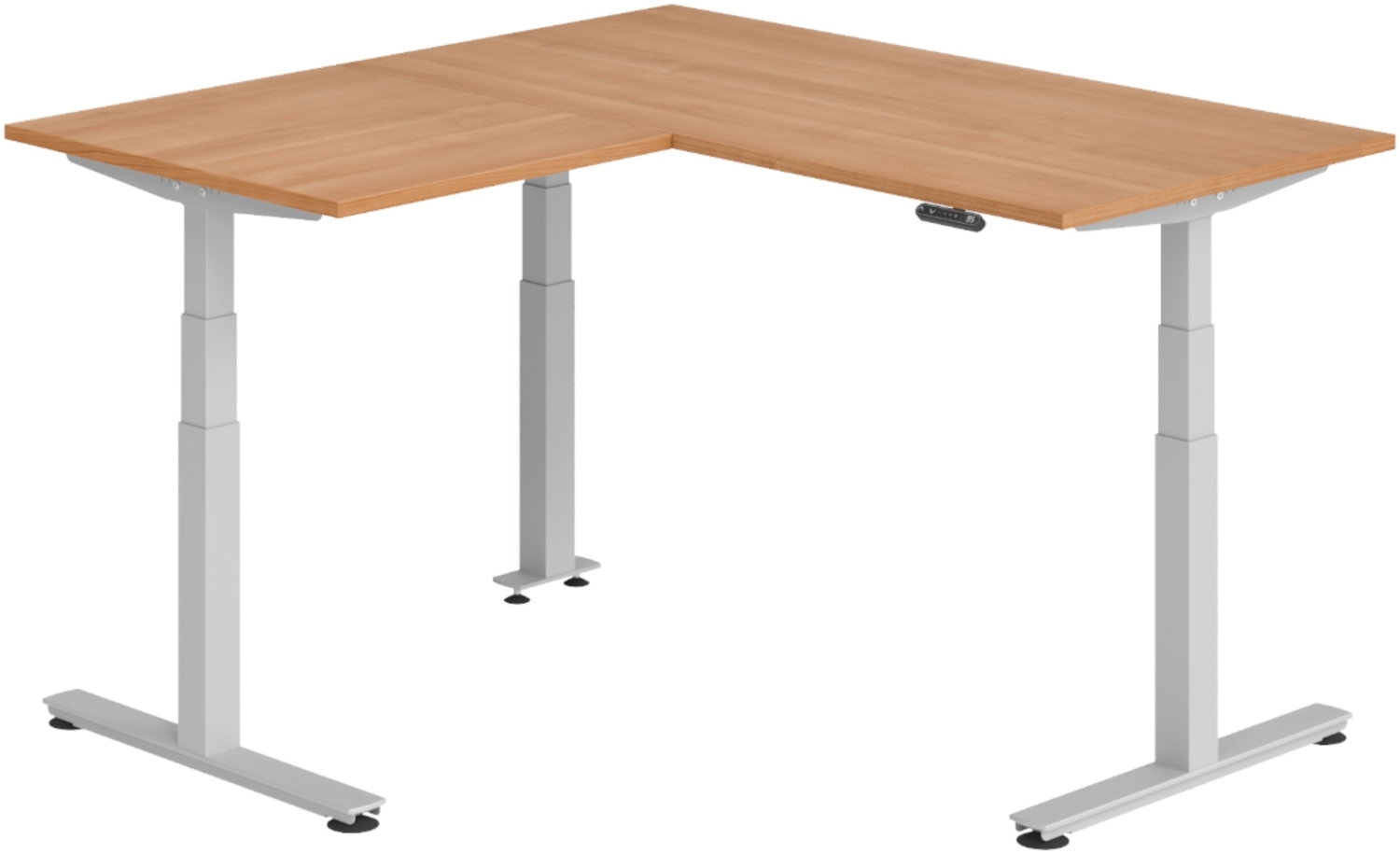 bümö Eckschreibtisch elektrisch höhenverstellbar L-Form: 160 x 160 cm in Nussbaum, Gestell silber - Stehschreibtisch mit Memory-Steuerung, elektrischer XXL Schreibtisch für die Ecke, XDSMW-1608-N-S Bild 1