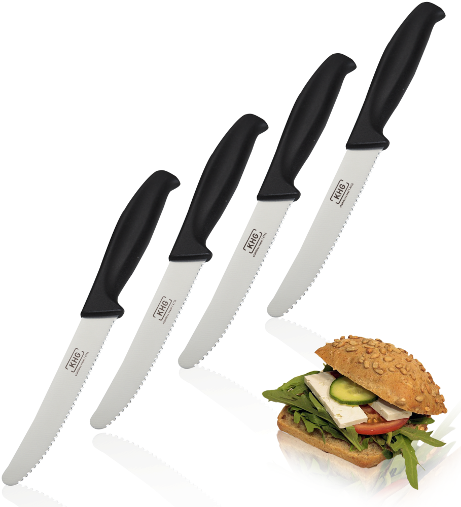 KHG 4er Set Frühstücksmesser Brötchenmesser Tomatenmesser Schwarz | 12 cm Klinge Edelstahl mit Wellenschliff | Tafelmesser Brotzeitmesser Vespermesser mit Fingerschutz Bild 1