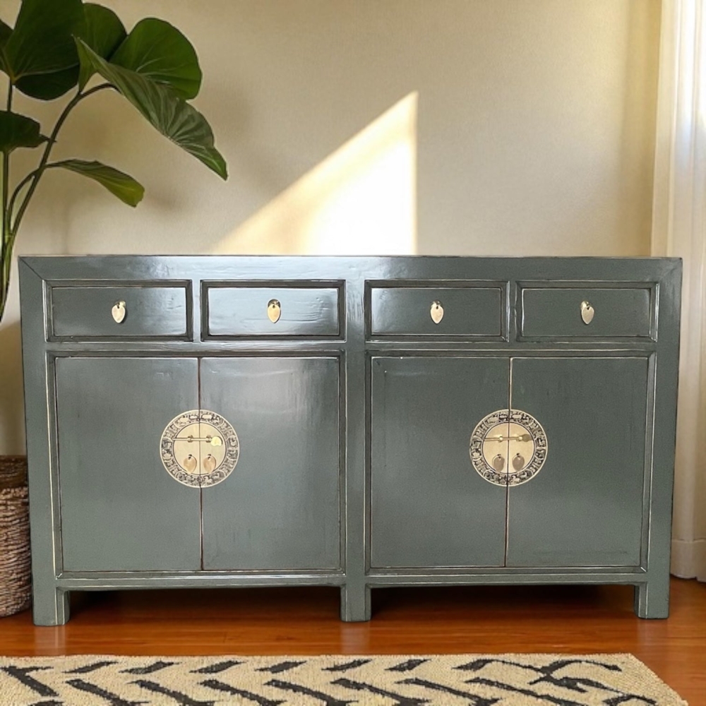 Chinesisches Sideboard Grau Dunkelgrau Messingbeschlag vintage schlicht Schrank Kommode Kolonial-Stil Antik-Stil Lowboard asiatisch orientalisch Fernost shabby-chic Landhaus Bild 1
