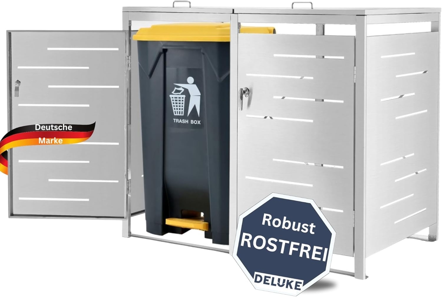 DELUKE® 2er Mülltonnenbox APOC Edelstahl - für 120-240L Tonnen 2er Mülltonnenverkleidung für 2 Tonnen 240L Müllbox aus Metall Mülltonnenschutz Mülltonnendach Mülltonnenhaus Silber Bild 1