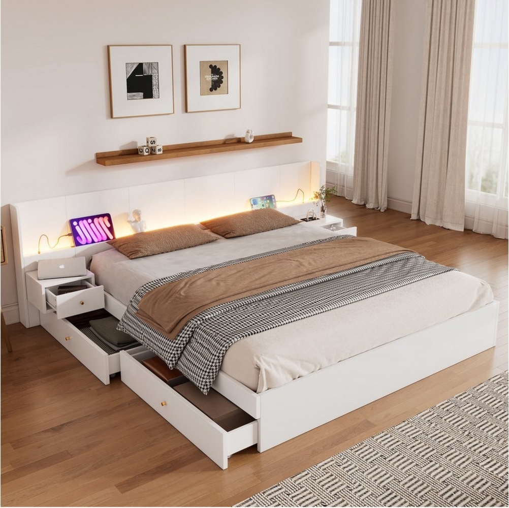 STILVORA Polsterbett 180×200 mit LED&Nachttische,Jugendbett Holzbett mit USB&Schublade (Holzbett, Jugendbett, Doppelbett, 1-tlg, 2 Schubladen, 2 Nachttische, 180*200cm, ohne Matratze), mit USB-Schnittstelle, Steckdose,steuerbar per Mobile APP Bild 1