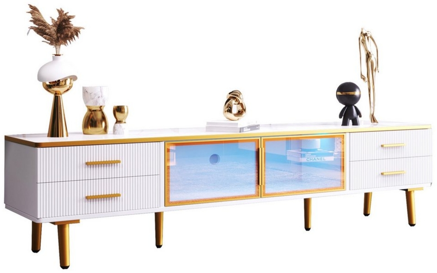 Rutaqian TV-Schrank TV-Schrank mit 4 Füßen,4 Schublade mit Goldenen Griffen,2 Glastüren (Modernes TV-Lowboard für Wohnzimmer, Farbvariablen LED-Lichtstreifen, Fernsehschrank 170x37x47.5 cm) Bild 1