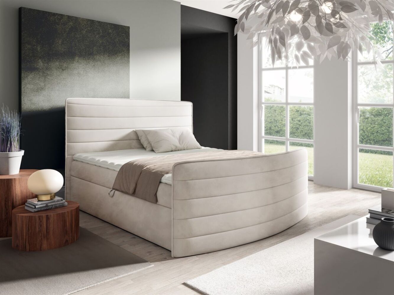 Boxspringbett Schlafzimmerbett AMBRA 120x200cm Stoff Elisa Velvet Creme Bild 1