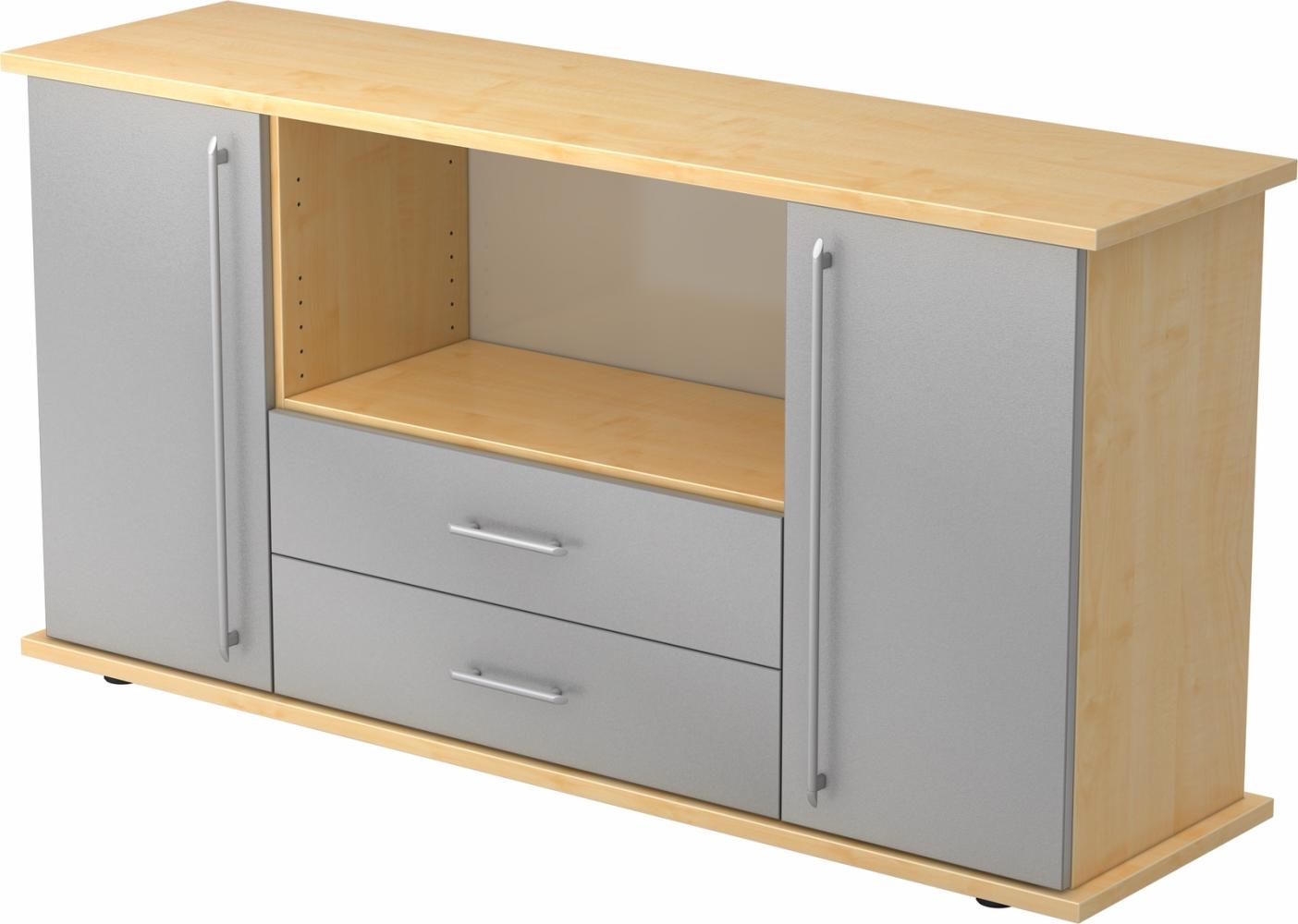 bümö® Sideboard mit Türen, Schubladen und Relinggriffen in Ahorn/Silber Bild 1