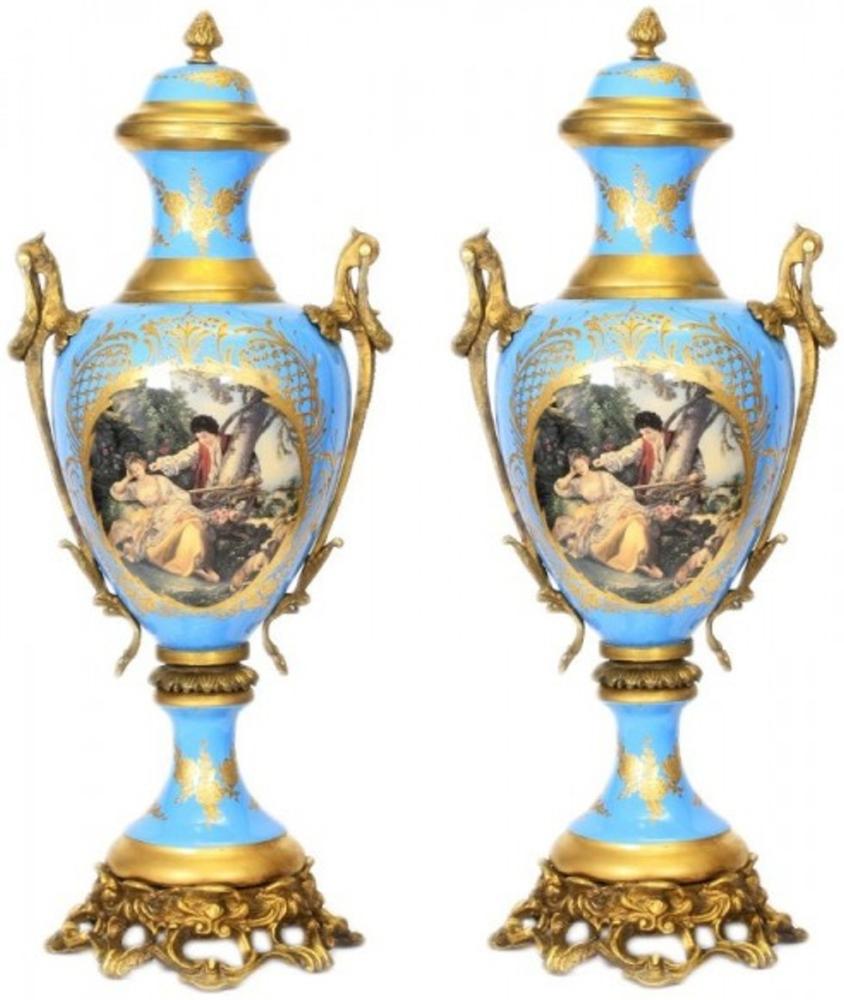 Casa Padrino Barock Porzellan Pokal Set Hellblau / Gold B26 H63 cm (2 Stück) - Grand Decor - Hotel Dekoration Bild 1