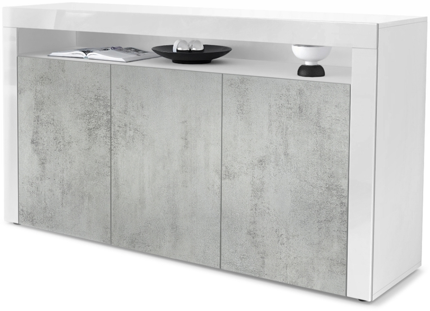 Vladon Sideboard Valencia, Kommode mit 3 Türen und 1 offenem Fach, Weiß matt/Beton Oxid Optik/Weiß Hochglanz (155 x 92 x 40 cm) Bild 1