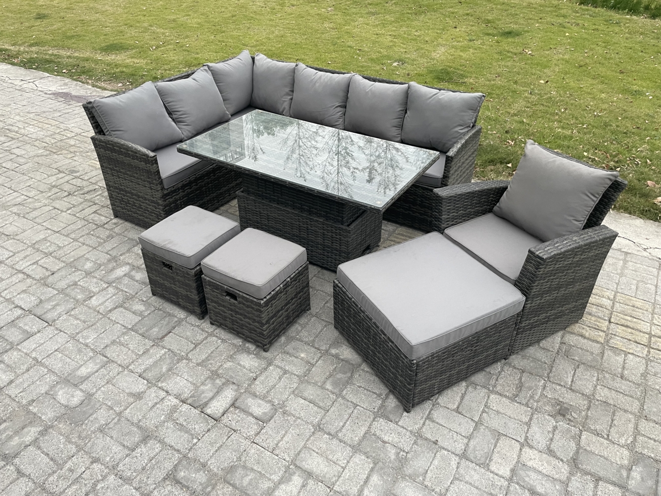 Fimous Outdoor Gartenmöbel Set aus Polyrattan mit 3 Fußhockern Sesseln Dunkelgrau gemischt Bild 1