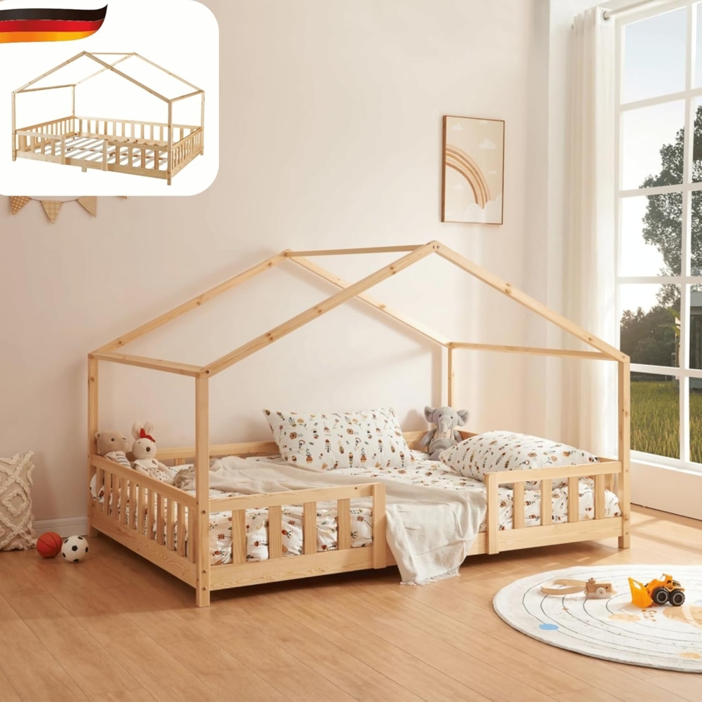 DELUKE® Kinderbett 120x200 cm MILA - mit Lattenrost Rausfallschutz Hausbett Kinder Haus Bett Kinderzimmer Bodenbett Einzelbett Kinder Bett Klein Kinderbett Montessori Bett Braun Bild 1