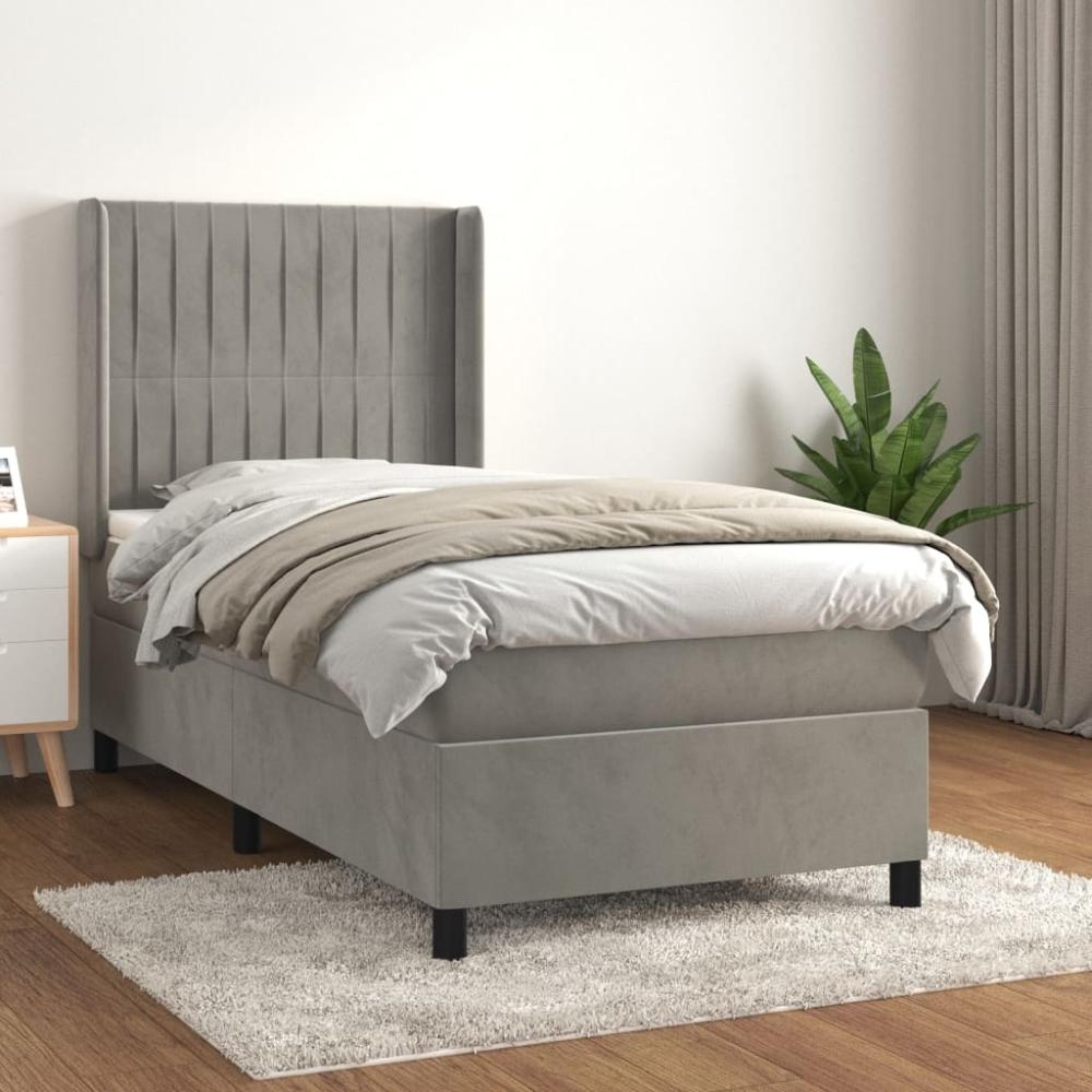 Boxspringbett mit Matratze, Linien vertikal und Abrundungen, hoch, Hellgrau 100x200 cm Samt Bild 1