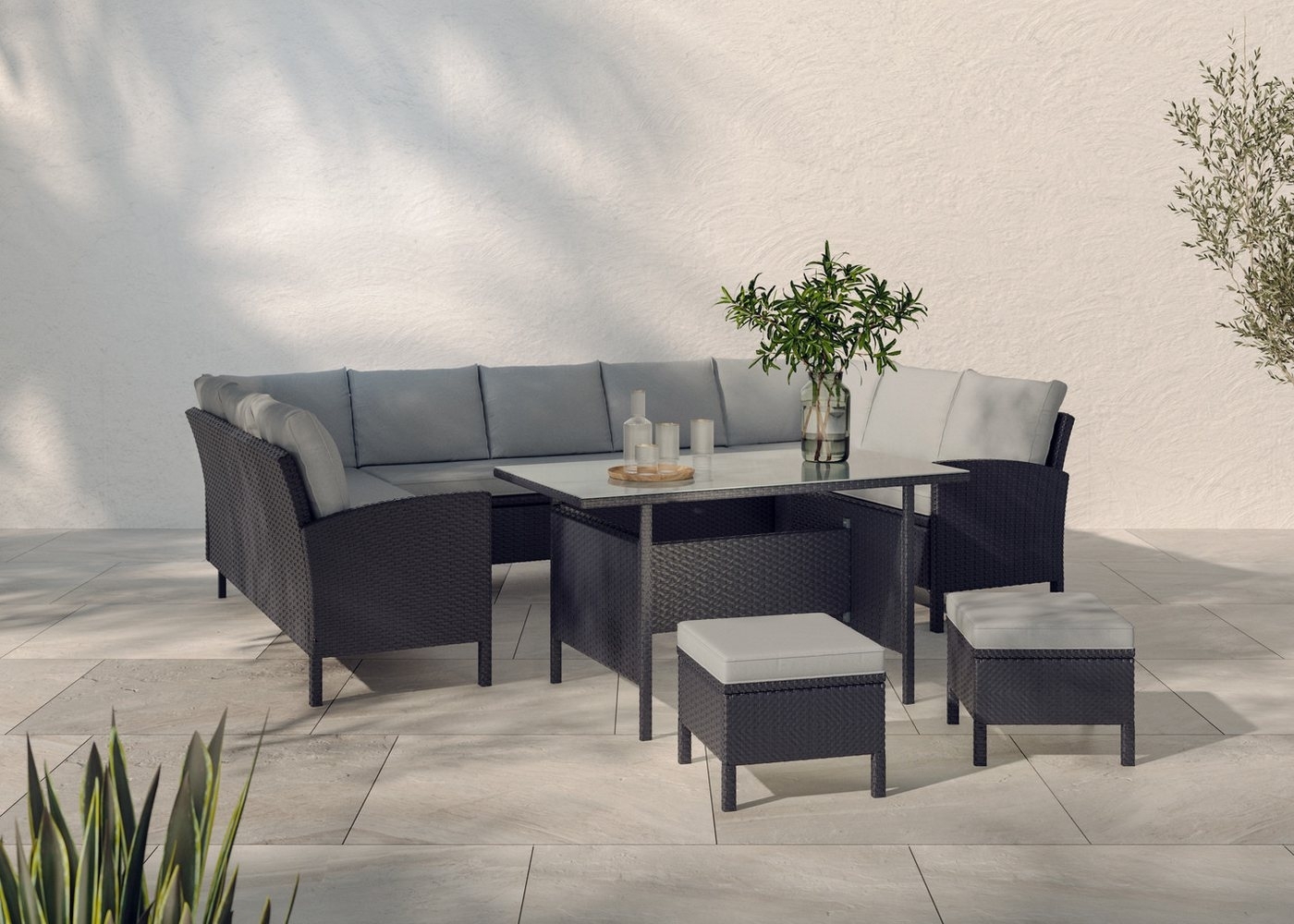 KONIFERA Gartenlounge-Set »Miami«, (Set, 22-tlg, 3x3er Sofabank, Tisch 66 x 120 x 74 cm, 2 Hocker, inkl. Auflagen), Stahl/Polyrattan Bild 1