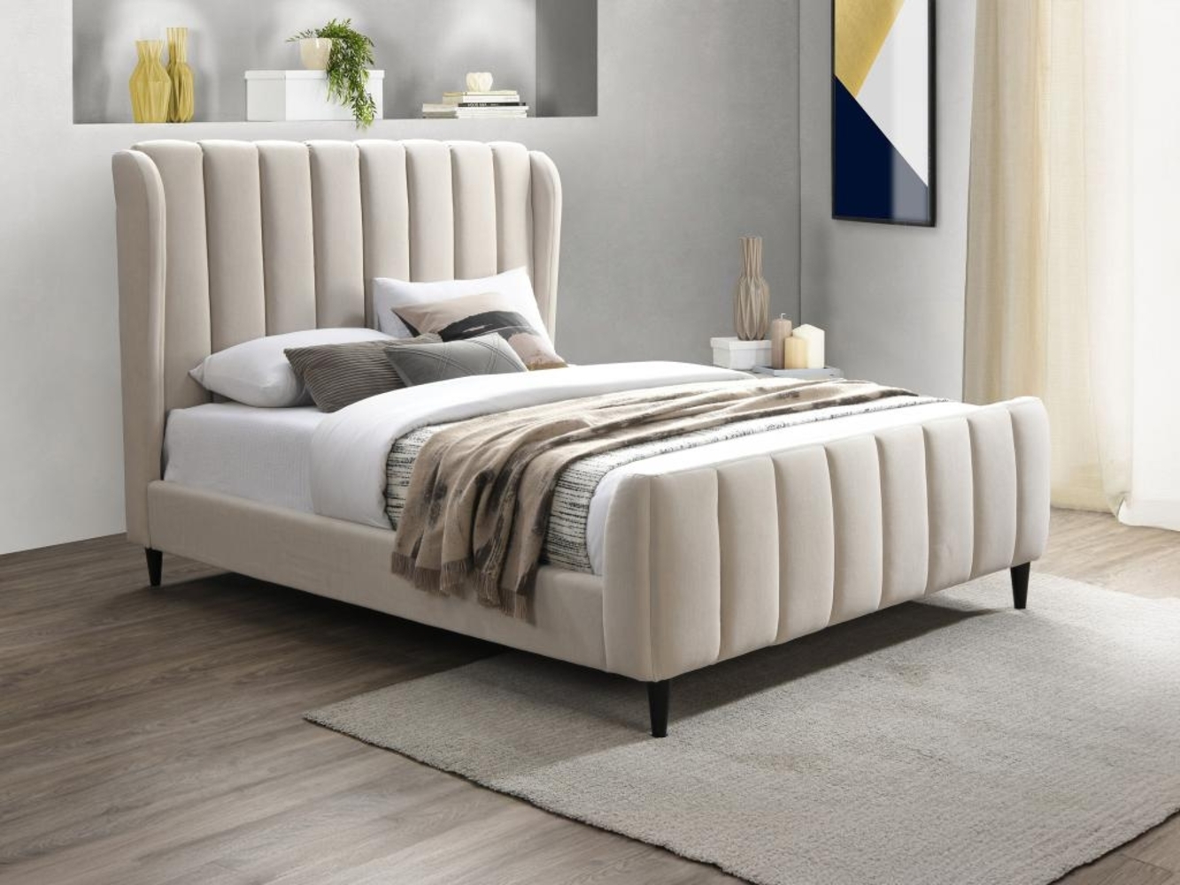 Vente-unique - Bett + Matratze - 140 x 190 cm - Stoff mit vertikalen Ziernähten - Beige - CASAGOTI Bild 1