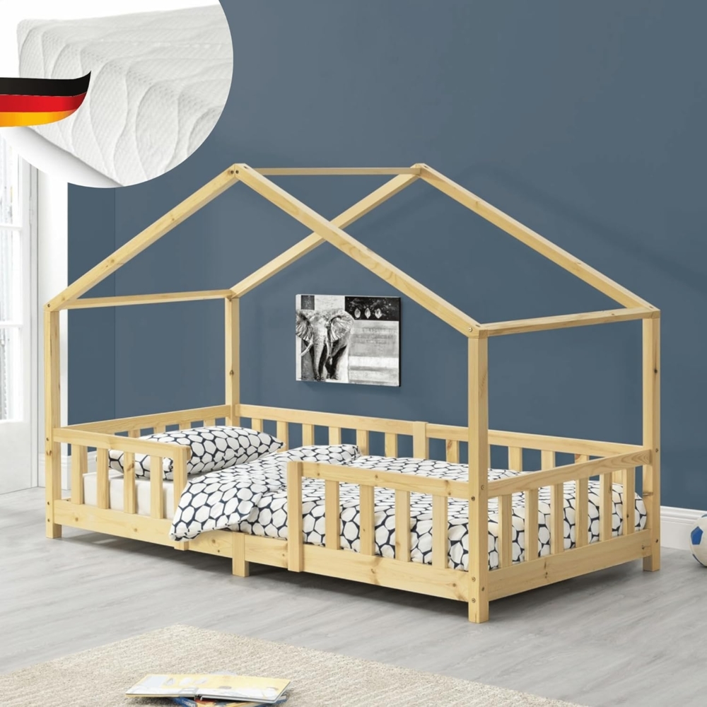 DELUKE® Kinderbett 90x200 cm MILA - mit Matratze Lattenrost Rausfallschutz Hausbett Kinder Haus Bett Kinderzimmer Bodenbett Einzelbett Kinder Bett Klein Kinderbett Montessori Bett Braun Bild 1