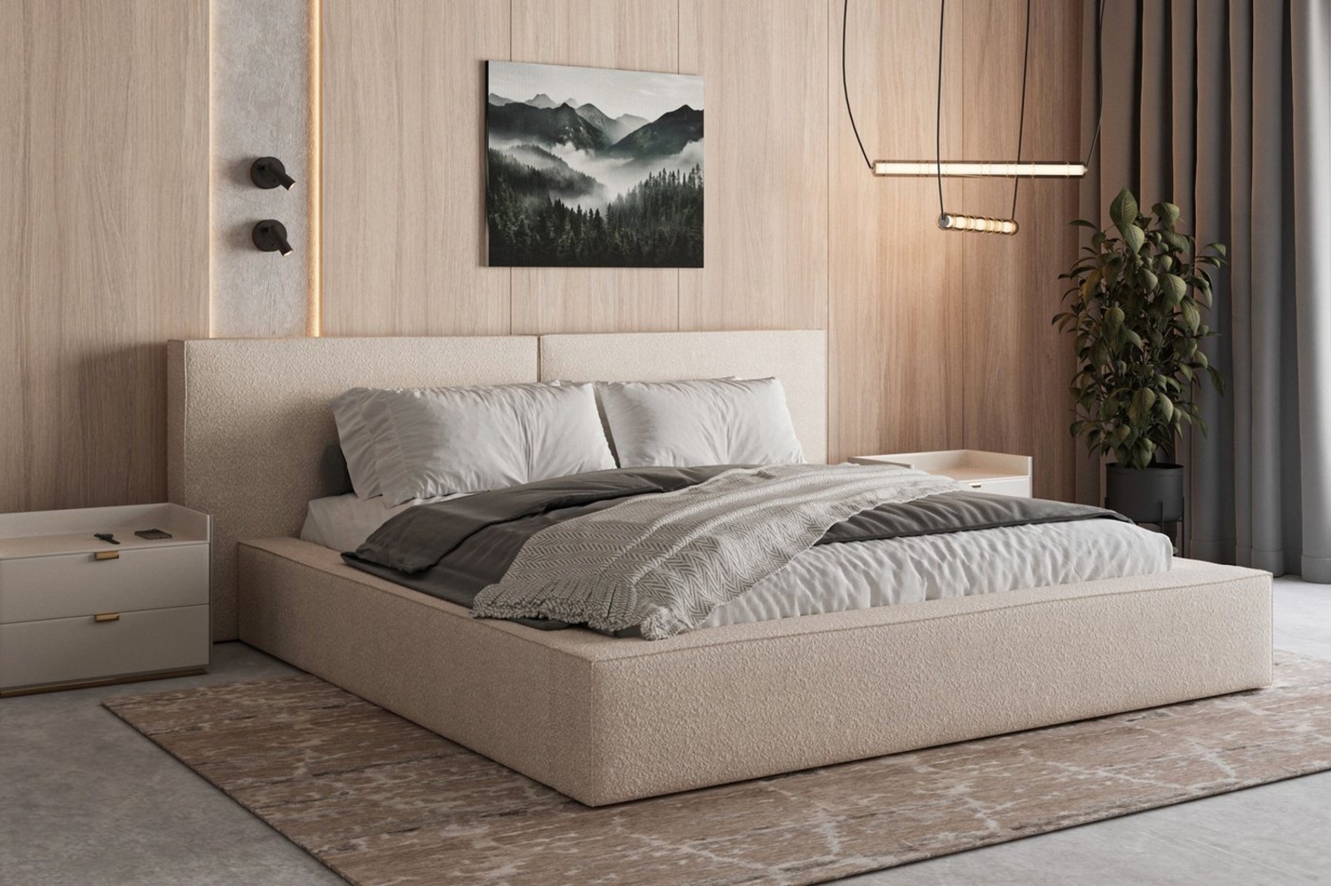 MOEBLO Polsterbett aus Bouclé Bett 06 (Bezug: Boucle, Doppelbett mit Kopfstütze, Rahmenbettgestell, mit Bettkasten und Lattenrost), gepolstertes Kopfteil Bild 1