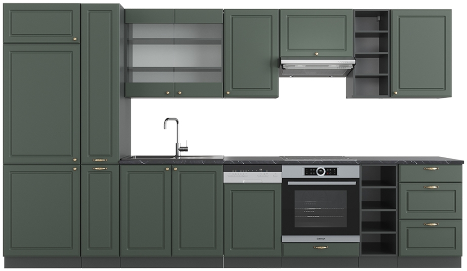 Küchenzeile Fame-Line Grün-Gold Landhaus/Anthrazit 355 cm , AP Anthrazit Vicco Bild 1
