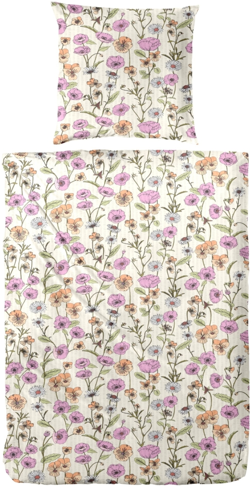 Primera Soft-Seersucker Bettwäsche 155x220 Blumen natur rosa grün 213068-24 Bild 1