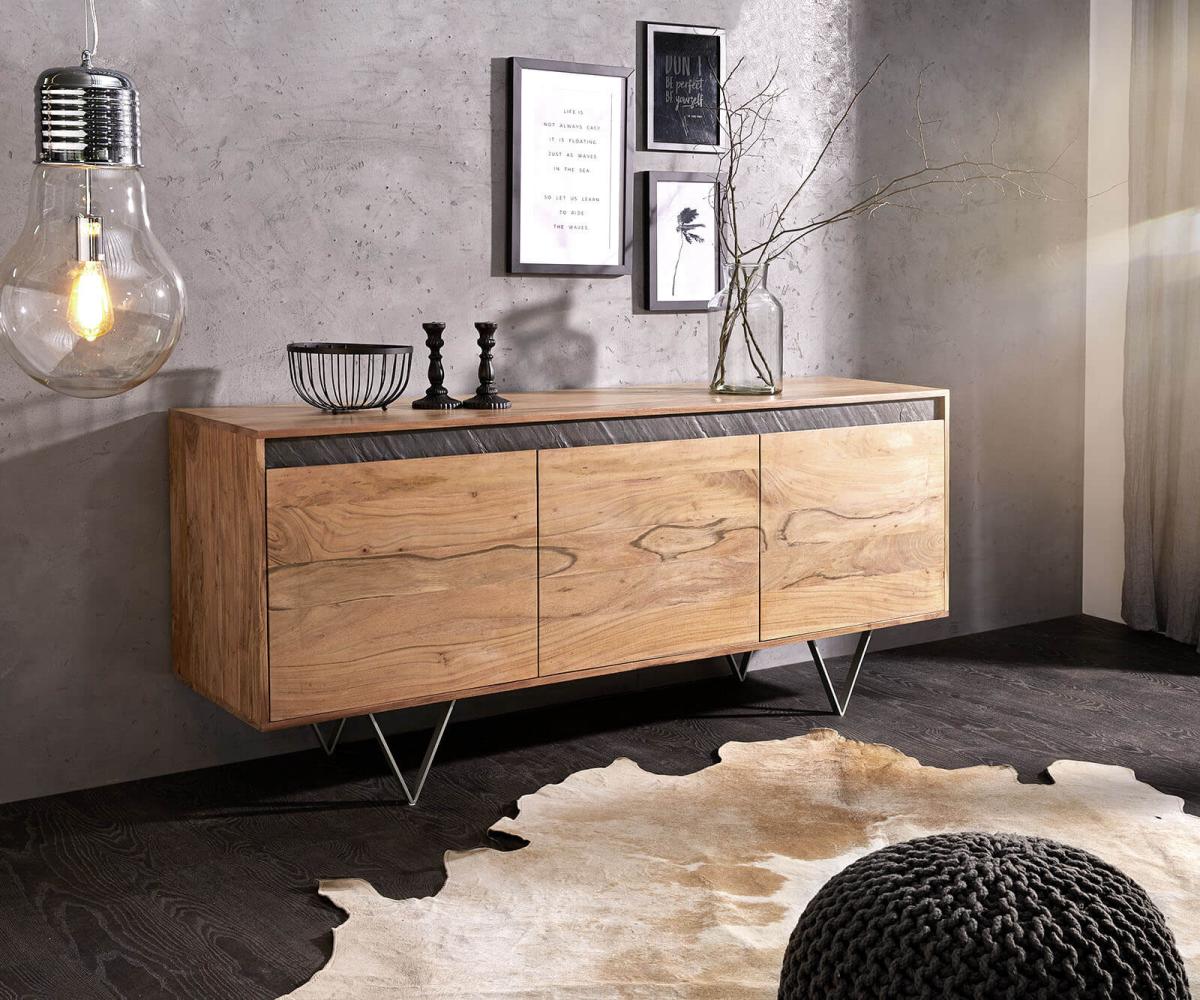 Design-Sideboard Stonegrace 175 cm Akazie Natur Schiefer 3 Türen Fuß 20 cm Bild 1