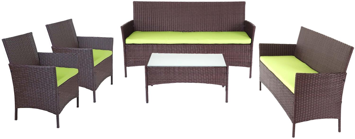 3-2-1-1 Poly-Rattan Garten-Garnitur Halden, Lounge-Set Sitzgruppe Sofa ~ braun-meliert, Kissen grün Bild 1