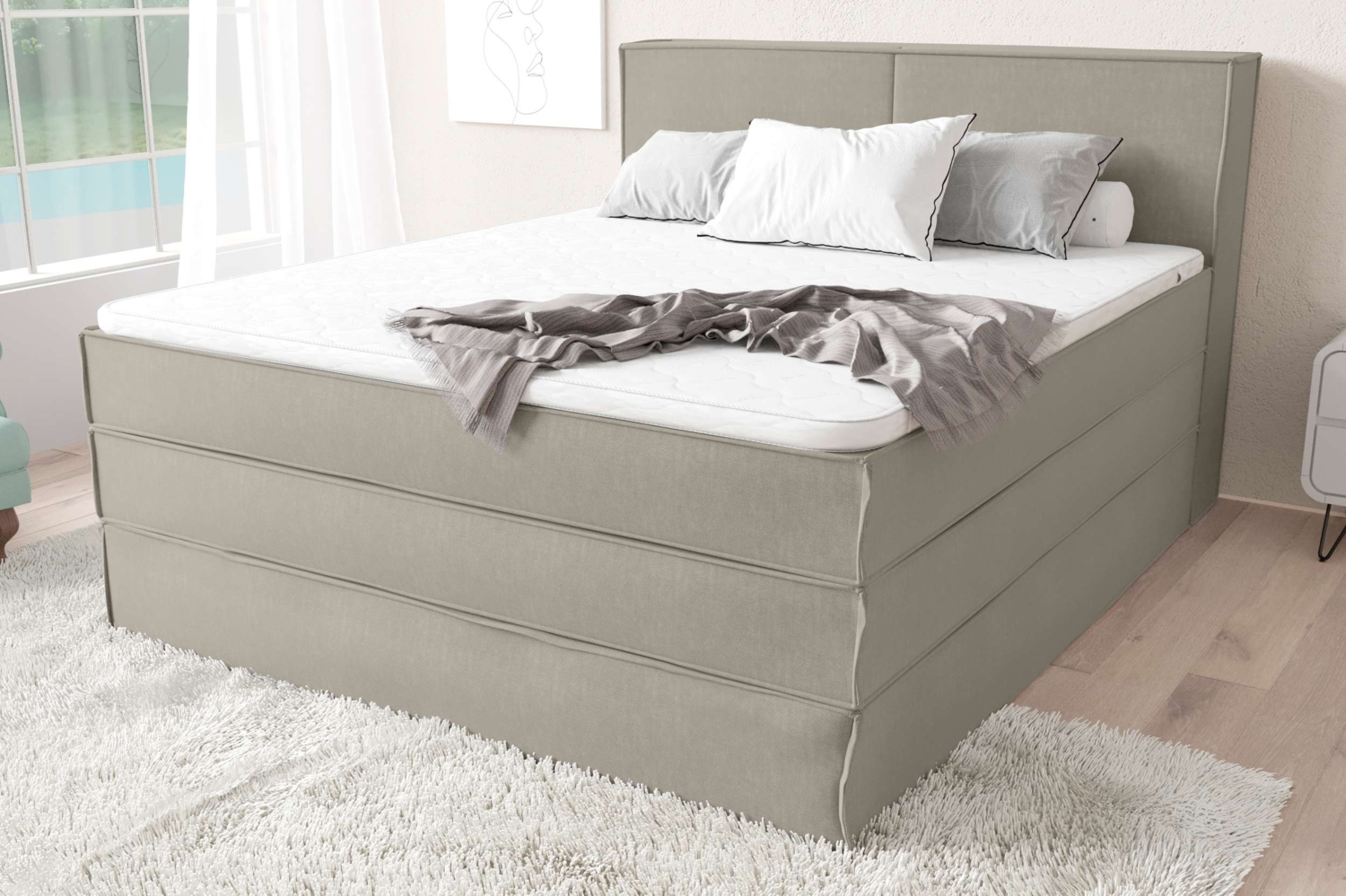 99rooms Santiago Boxspringbett Beige Strukturstoff INARI 120x200 cm Bonell-Federung Bild 1