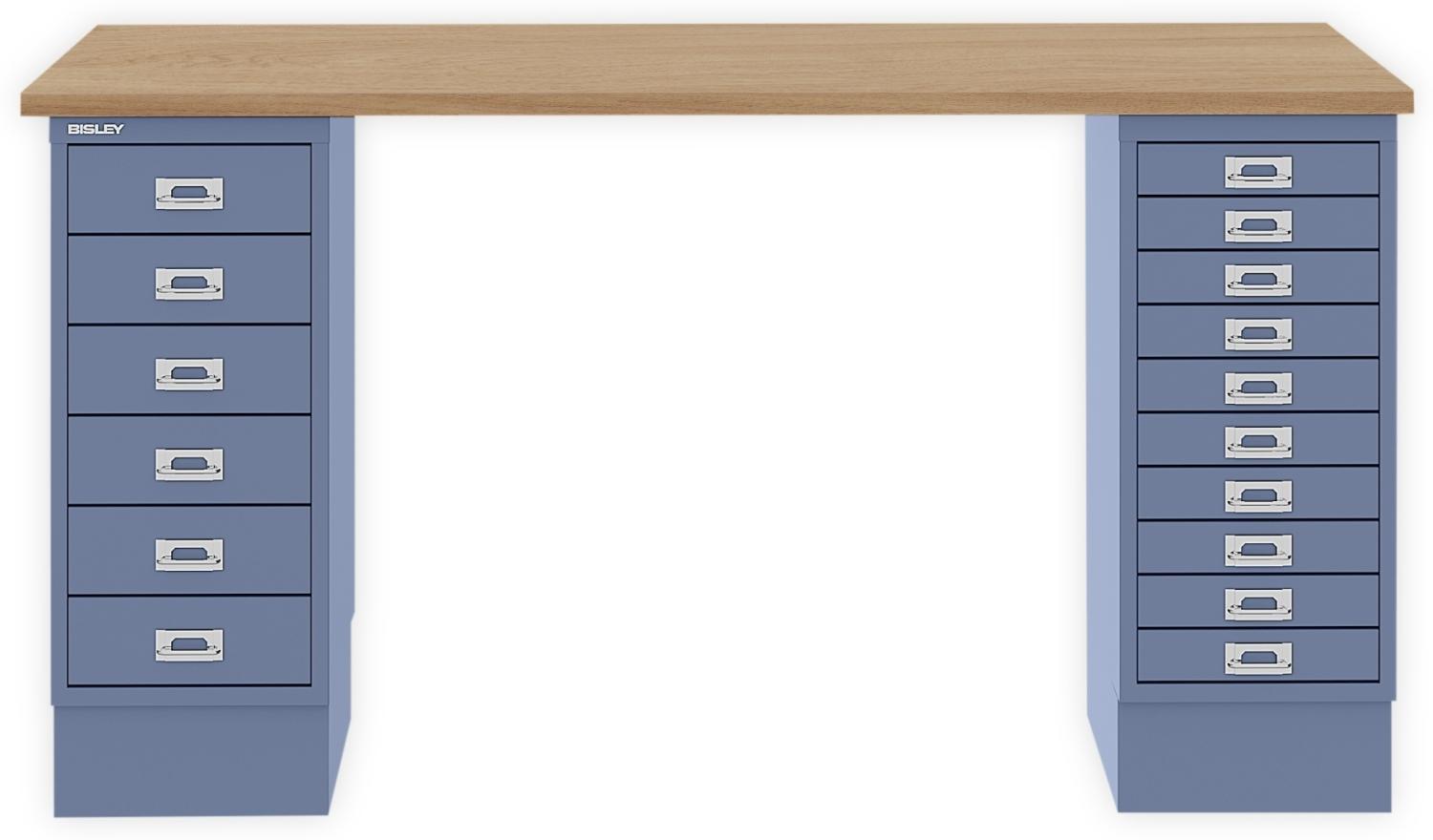 MultiDesk, 1 MultiDrawer mit 10 Schüben, 1 MultiDrawer mit 6 Schüben, Dekor natürliche Eiche, Farbe Blau, Maße: H 740 x B 1400 x T 600 mm Bild 1