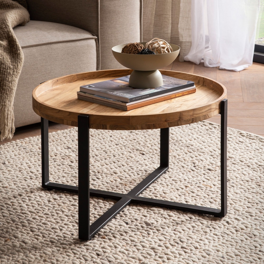 FINEBUY Couchtisch FB108491 (60x60x36 cm Sofatisch Akazie Massivholz Modern), Wohnzimmertisch Rund Kaffeetisch Industrial Bild 1