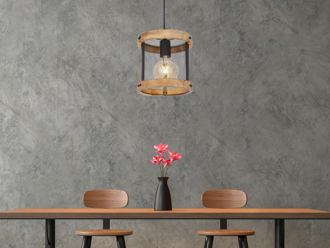 Hängeleuchte, Metallgeflecht, Holz, schwarz matt, H 120 cm Bild 1