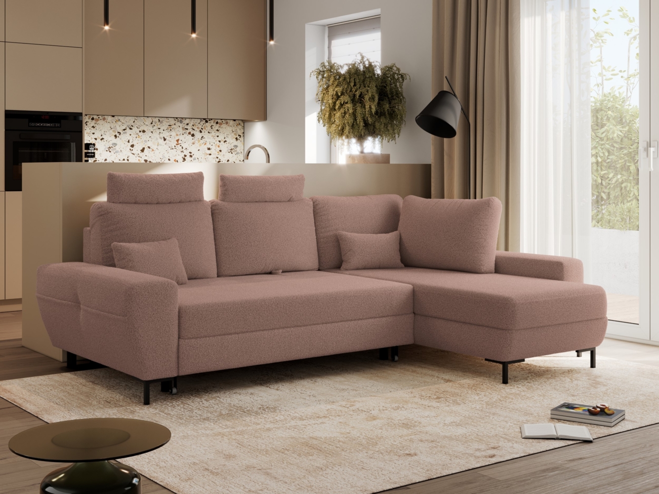 Ecksofa mit Schlaffunktion und Bettkasten für das Wohnzimmer, auf schwarzen Metallbeinen, mit losen Kissen - FLAVIA - Rosa Boucle - rechte Seite Bild 1