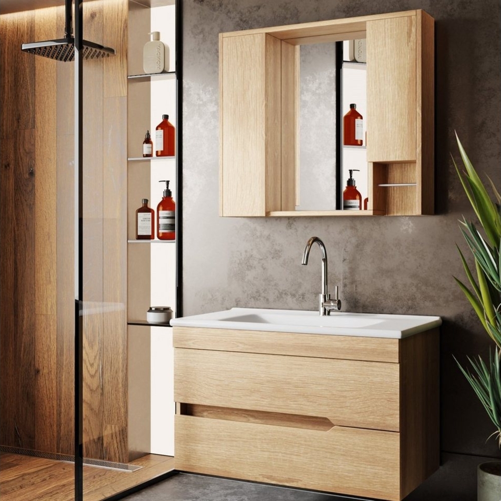 Karen Badmöbel-Set Badmöbel Set Marmara Eiche 65, (Komplett-Set, 3-Teilig (Unterschrank, Spiegelschrank, Waschbecken), Innovatives Design, MDF Lam, Softclose, Funktionalität Bild 1