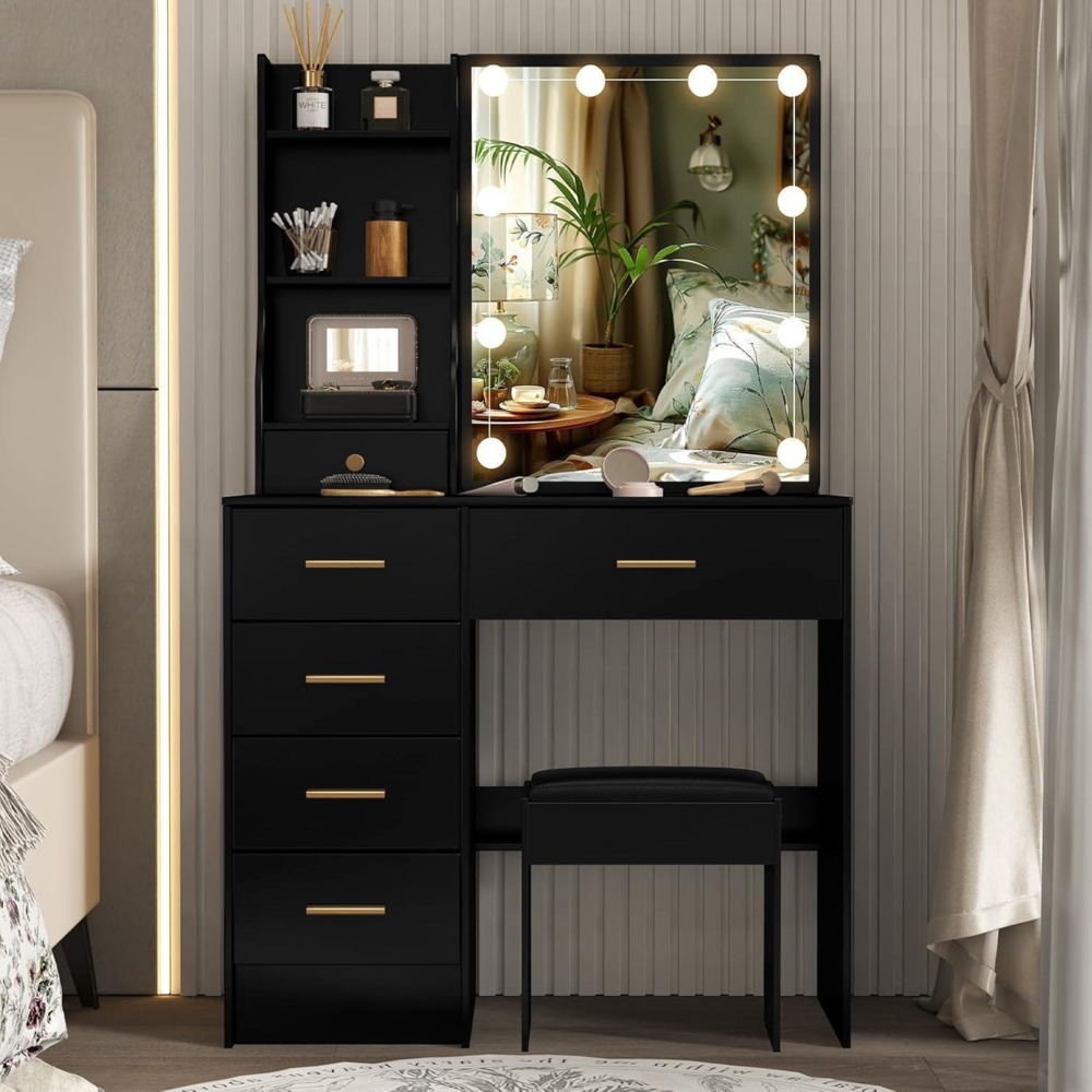 Schwarzer Schminktisch mit Beleuchtung und Hocker, 80x34x130cm Bild 1