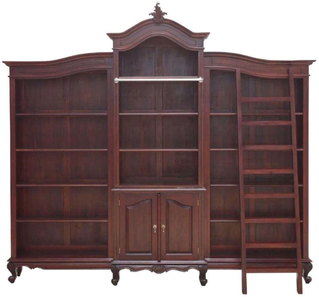 Casa Padrino Luxus Barock Mahagoni Bücherschrank Dunkelbraun 280 x 47 x H. 245 cm - Prunkvoller Barockstil Schrank mit Leiter - Barock Büro Möbel - Edel & Prunkvoll Bild 1