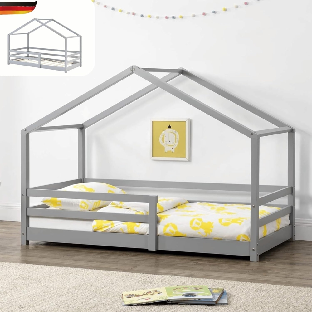 DELUKE® Kinderbett 90x200 cm TRUDA - mit Lattenrost und Fallschutz Kiefernholz Haus-Design Einzelbett Hausbett Kinderzimmer Bodenbett Montessori Bett Grau Bild 1