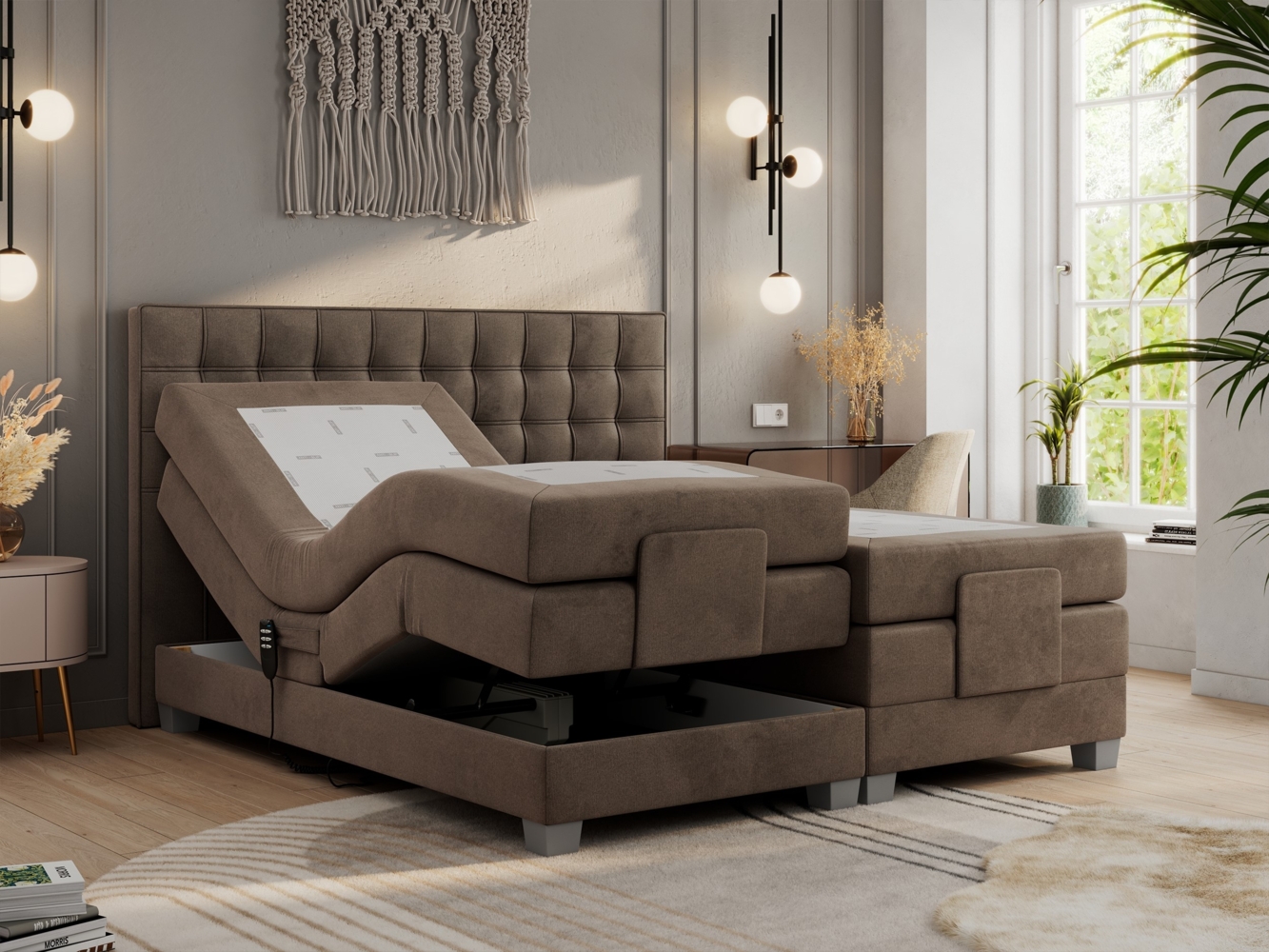 Boxspringbett elektrisch verstellbar, Schlafzimmerbett, Bettkasten - ELEKTRO - 140 x 200 cm - Braun Velvet - H4 Bild 1