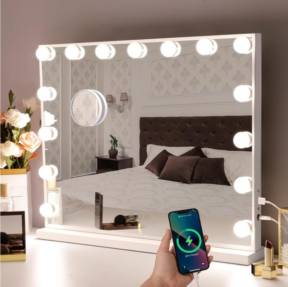 LETGOSPT Schminkspiegel Bluetooth Hollywood Spiegel, Schminkspiegel mit Beleuchtung und USB (3-farbig einstellbares Licht mit Memory-Funktion, 1-St, Mit Musiklautsprecher, Touchscreen), Schminkspiegel mit 15/18 LED-Leuchten, stufenlos dimmbar Bild 1