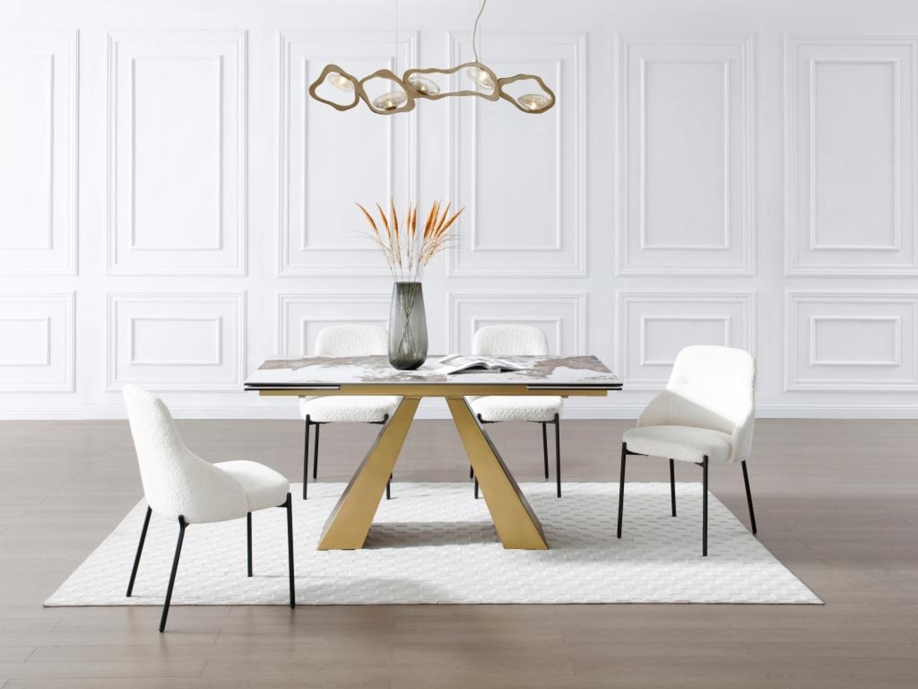 Vente-unique - Esstisch ausziehbar - 6 bis 10 Personen - Sicherheitsglas, Keramik & goldfarbenes Metall - Marmor-Optik Schwarz & Taupe - LOZIPA von Maison Céphy Bild 1