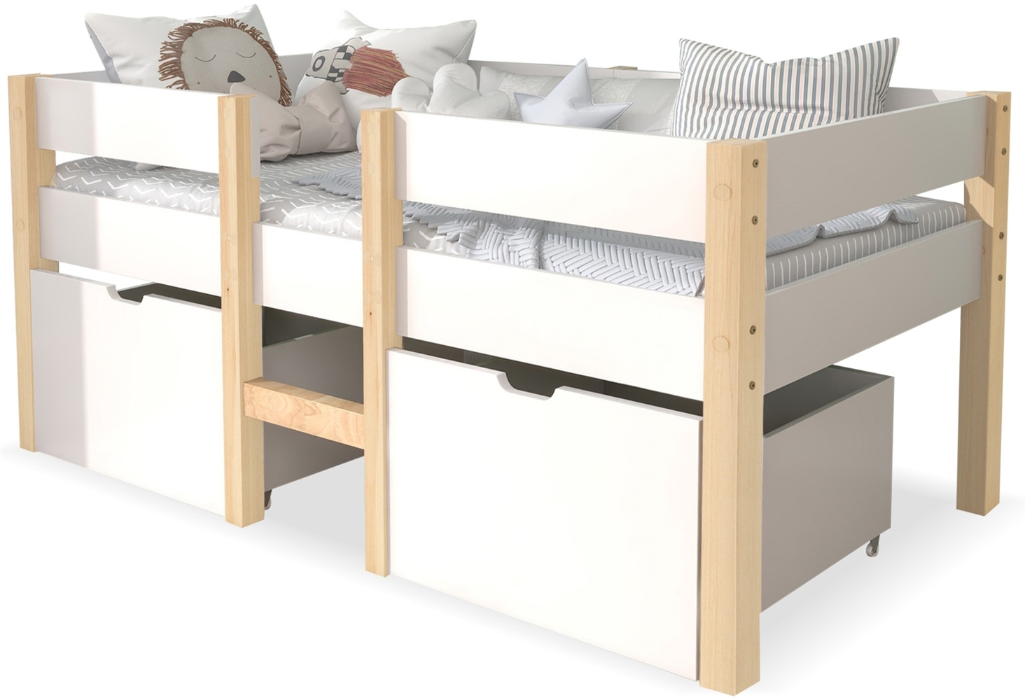 Kinderbett 90x190 cm halbhoch aus Kiefer-Massivholz mit umlaufendem Rausfallschutz, Schubladen und Leiter, skandinavisch weiß Bild 1